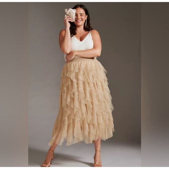 Anthropologie Tiered Ruffle Midi Skirt — Beige Mesh, Size L - Picture 1 of 7